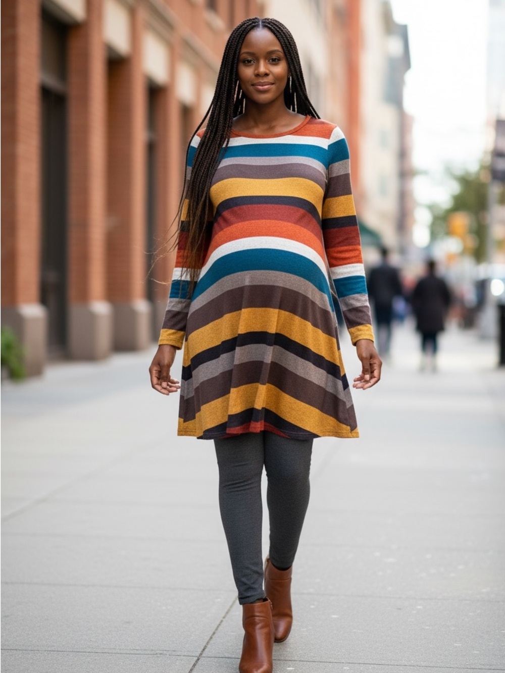 Maternity Long-Sleeve Striped Swing Dress in Multi-Stripe